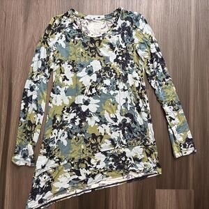 LOGO Floral Tunic Top Size XXS Asymmetrical Hem Green Blue Long Sleeve